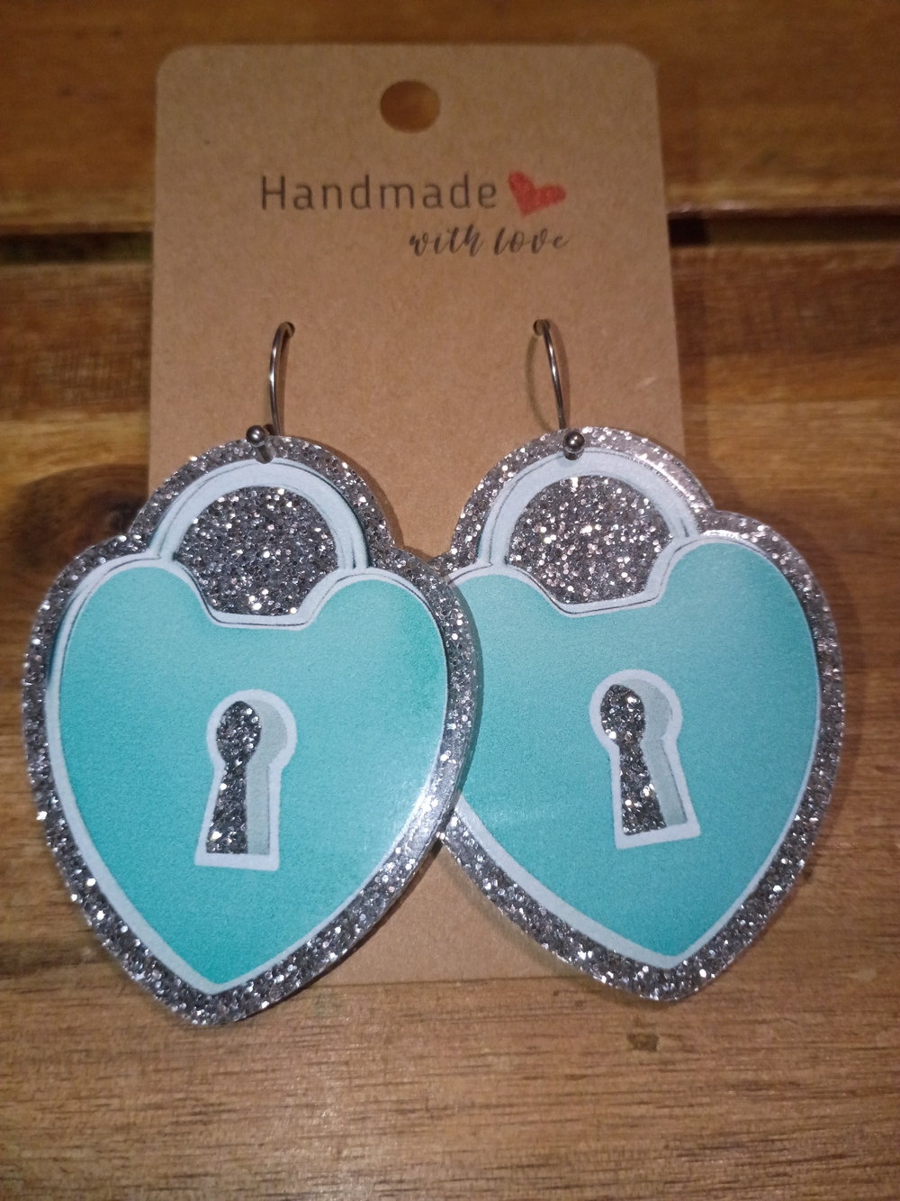 Tiffany Blue Lock And Keyhole Heart Silver Glitter Glam Earrings